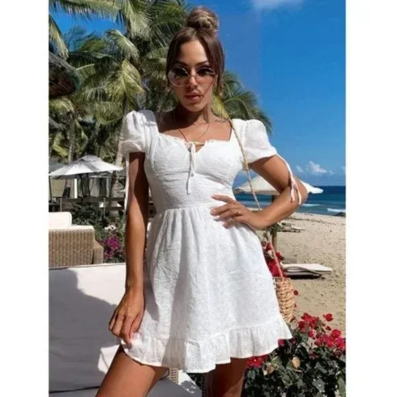 green emerald velvet dress Pleats and Flare Stretchy Linen Mini Dress - White